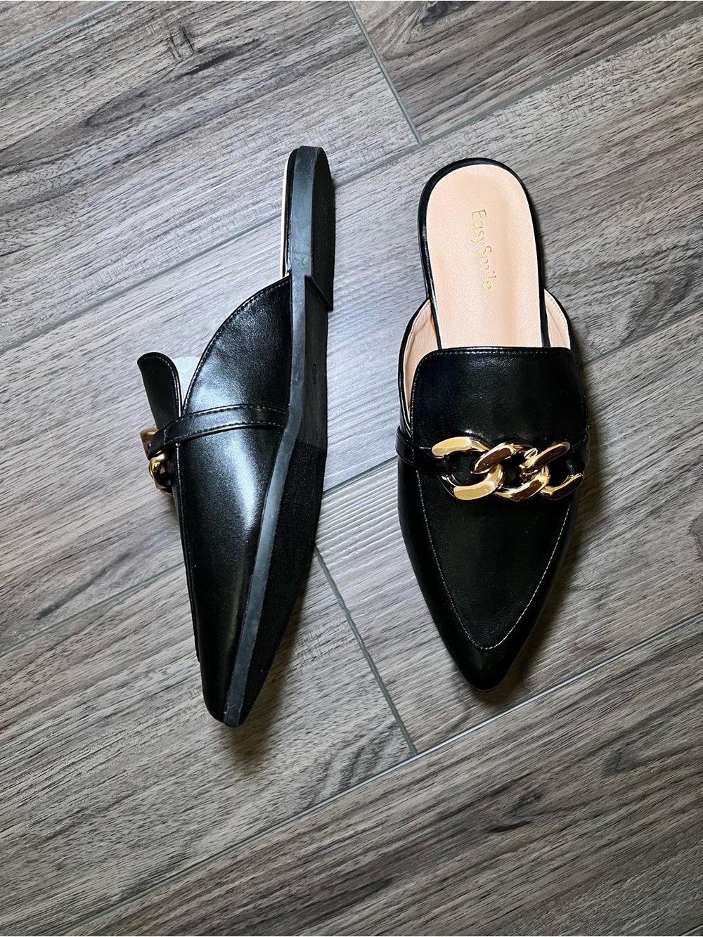 Easy Smile Women’s Black Pointed Chain-Trim Slip-On Mules NWOT | Size 8